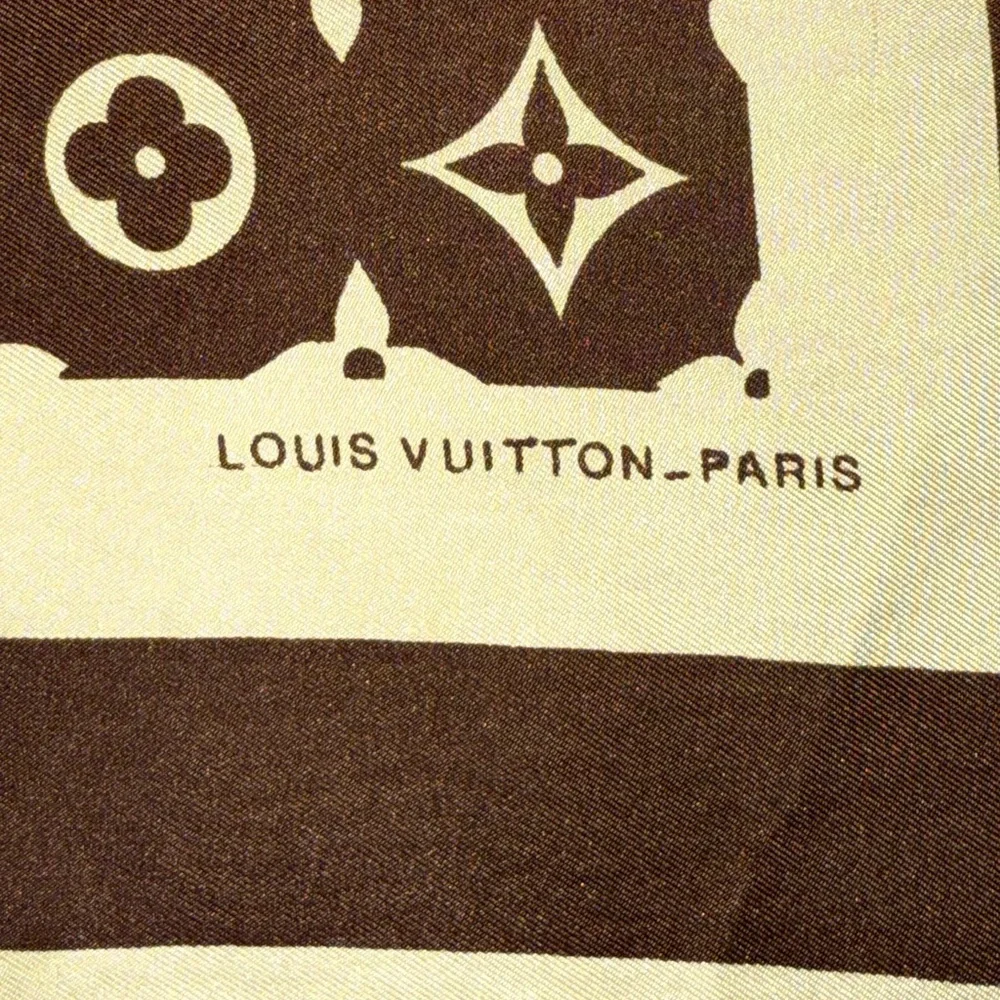 RARE VINTAGE LOUIS VUITTON Brown and Beige LV Monogram Silk Scarf - Picture 6 of 8